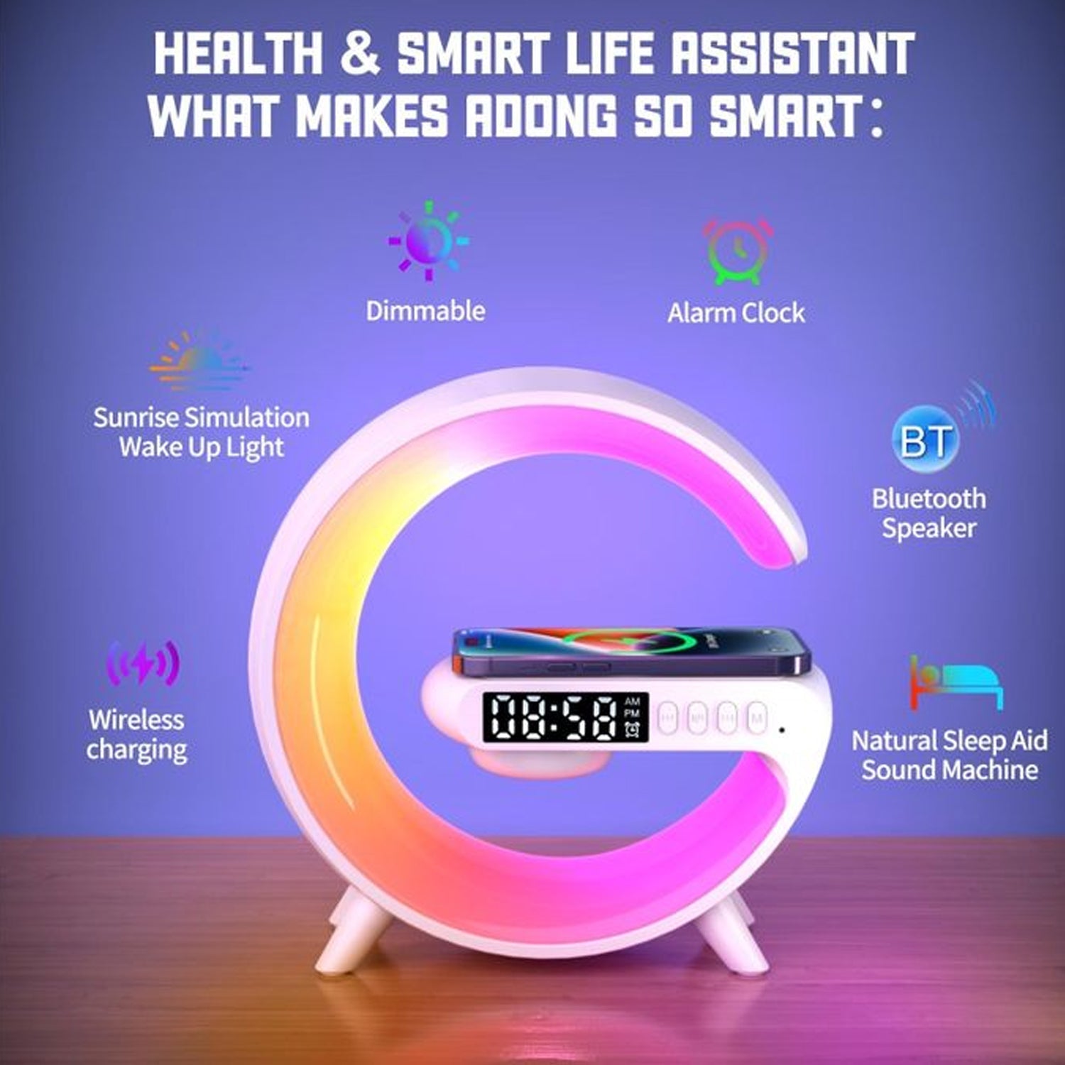 Smart Alarm Clock with G-Shape RGB Light Bluetooth Speaker, Wireless Charging (1 Pc) Smart Alarm Clock with G-Shape RGB Light Bluetooth Speaker, Wireless Charging (1 Pc)